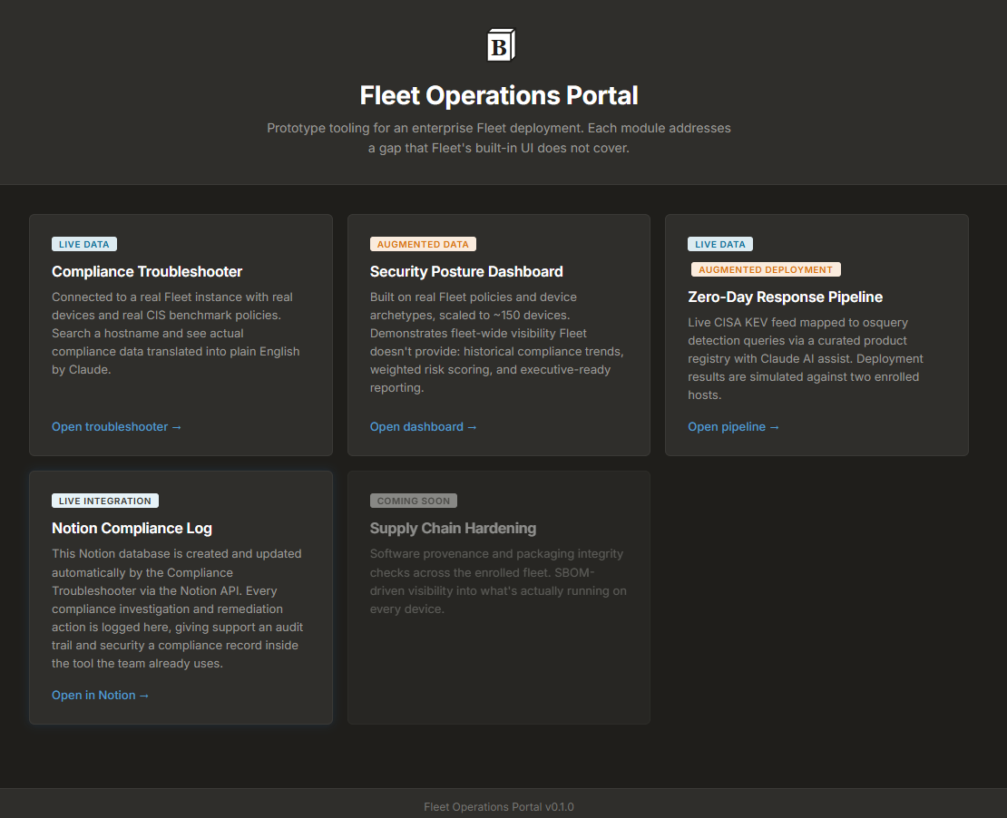 Fleet Operations Portal showing five operational modules
