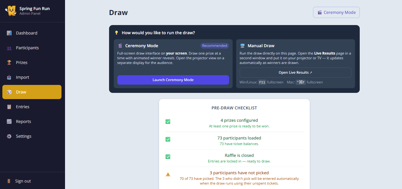 SimplyRaffle admin draw page with ceremony mode and pre-draw checklist