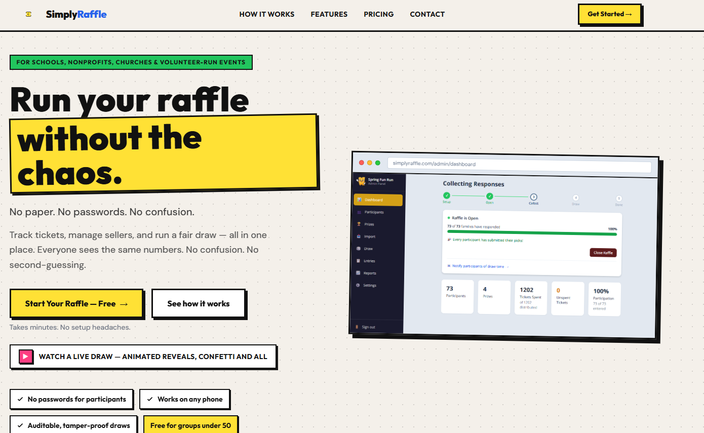 SimplyRaffle marketing homepage
